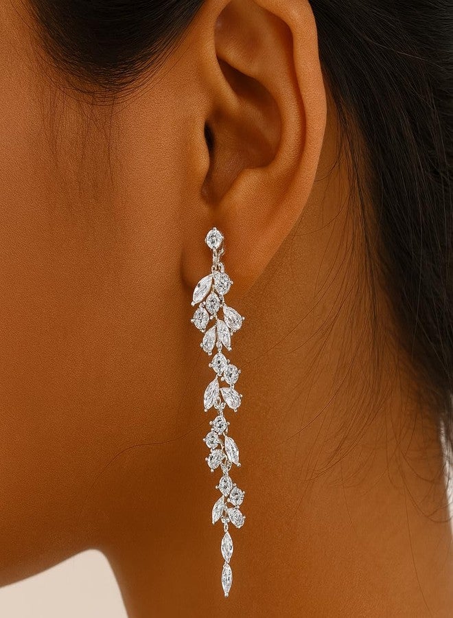 ZENCHEER Long Tassel 925 Sterling Silver Drop Clip On Earrings for Women, Cubic Zirconia CZ Dangle Drop Earrings Non Pierced Earrings for Wedding Party - Image 5